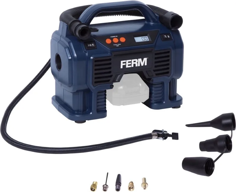 F-POWER - CRM1054 - Draagbare Accu compressor - ZONDER accu / lader - 20V - met - Werklamp - Blower - Voor oppompen tot - 20 BAR - Maximaal 380 liter per minuut - werkt op 20V F-Power accu [niet bijgeleverd] van Ferm, Blauw – productafbeelding