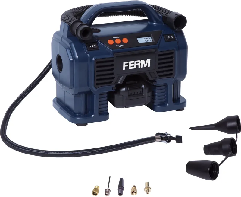 F-Power - CRM1054_S - Compressor - set - 20V - 2.0Ah - Accu - en - lader - Draagbare - Accu compressor set - Hoge volume - Hoge druk - Instelbaar - 11 Bar - 1100kpa - 160 psi - Met: - 2Ah accu - Lader - 8 adapters de Ferm, Bleu – image du produit