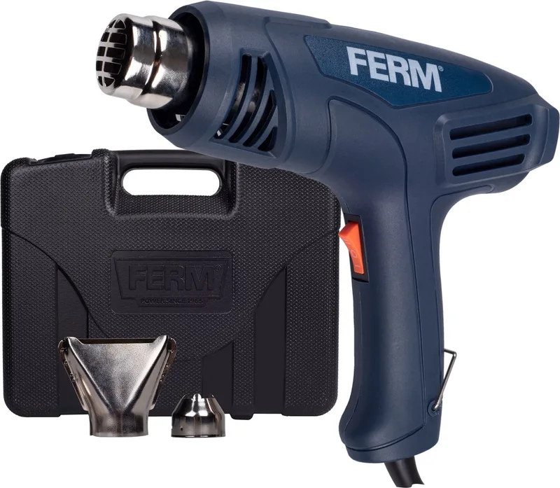 HAM1015 - Heteluchtpistool - Verf afbrander - 2000W - 2 temperatuurstanden – Stationair - functie - Ophangbeugel - Inclusief - 2 opzetstukken - Koffer - 3 meter kabel - Hot air gun by Ferm – product image
