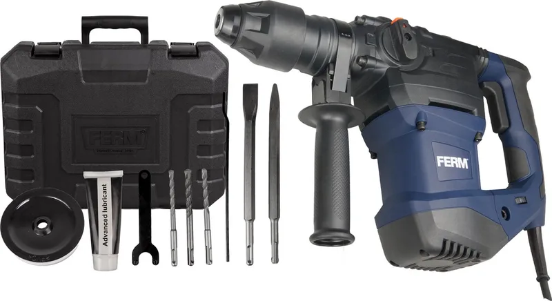 HDM1037 - Pneumatische boorhamer - 1500W - 6 Joule impact - 0-440 slagen per minuut - 7 snelheden - SDS Plus - Softgrip - Zijhandgreep - Incl. - 3 Boren - 2 Beitels - Opberg koffer - Geschikt voor - Boren - Hamer boren - Beitelen - Boorhamer van Ferm – productafbeelding