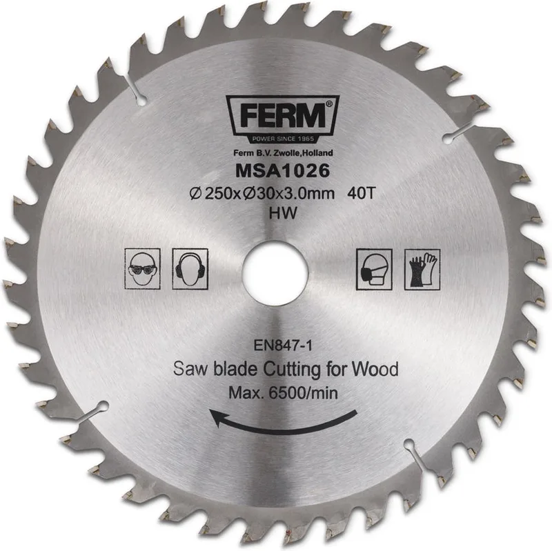 MSA1026 - Zaagblad - 250x30/16mm - T40 - TCT tanden - Diameter:- 250mm - Asgat: - 30mm - 16mm - Universeel - Voor het zagen van - Hout - Zeer geschikt voor - TSM1033 - TSM1034 - TSM1030 - Zaagtafel de Ferm – image du produit