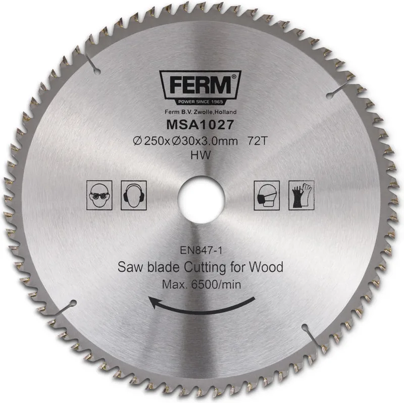 MSA1027 - Zaagblad - 250x30/16mm - T72 - TCT tanden - Diameter: - 250mm - Asgat: - 30mm - 16mm - Universeel - Voor het zagen van - Hout - Zeer geschikt voor - TSM1033 - TSM1034 - TSM1030 - Zaagtafel von Ferm – Produktbild