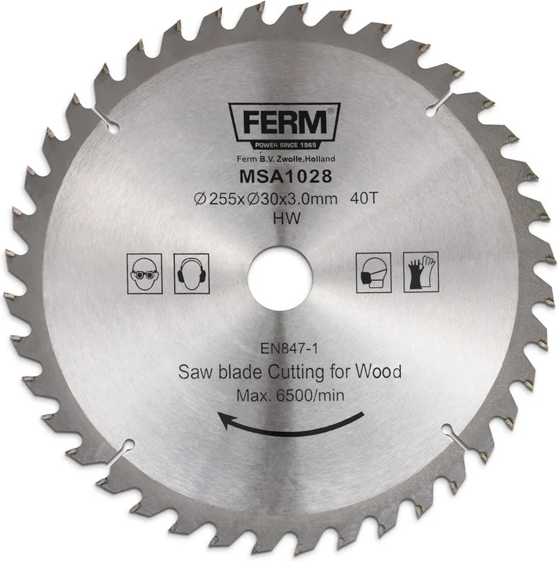 MSA1028 - Zaagblad - 255x30/16mm - T40 - TCT tanden - Diameter: - 255mm - Asgat: - 30mm - 16mm - Universeel - Voor het zagen van - Hout - Zeer geschikt voor - MSM1040 - MSM1038 - Radiaal afkortzaag von Ferm – Produktbild
