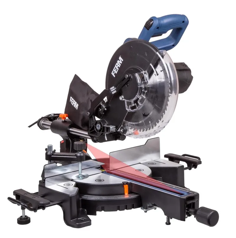 MSM1040 - Radiaal afkortzaag - Verstekzaag – 1900W – 254mm - Trekfunctie - 45° verstek - Kantelbaar – Lasergeleiding - Aluminium voetplaat - Zaagcapaciteit - 70x310mm - Incl. - 60T TCT zaagblad - Tafelextensies - Klem - Stofzak - Afkortzaag de Ferm – image du produit