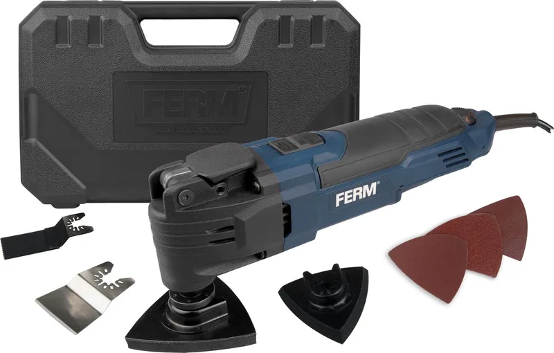OTM1007 - Multitool - Oscillerend - 300W - Variabele snelheid - 6 standen - 0-23.000/min - Softgrip - Snelwisselsysteem - Inclusief - Opbergkoffer - Schraapmes - Invalzaagblad - Schuurzool - 3 schuurvellen - Multifunctioneel gereedschap by Ferm – product image
