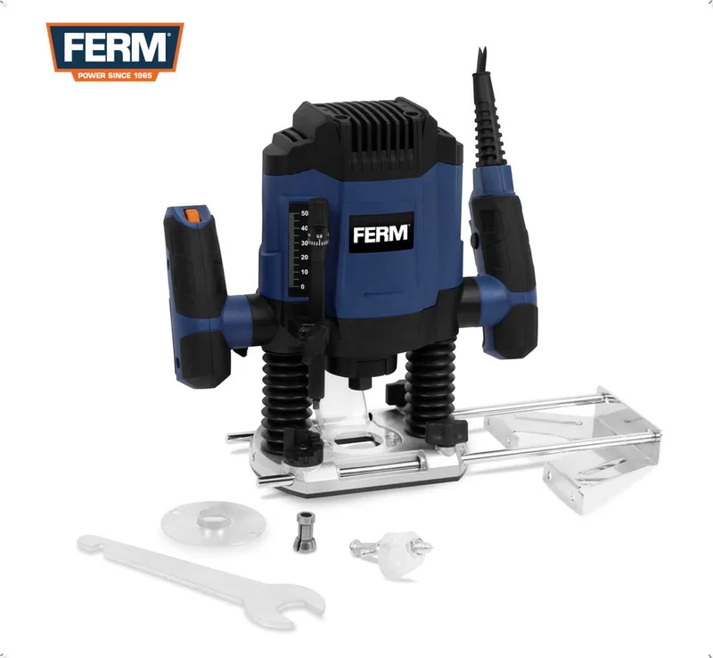 PRM1022 - Bovenfrees - 55mm - freesdiepte - 1200W - met - 6mm - én - 8mm - spantang - Variabele snelheid - 16.000/30.000 t/min - Stofzuiger aansluiting - 3m kabel - Ergonomisch - met - 3 Frezen - Kopieerring - Parallelgeleider - Passerpunt de Ferm, Bleu – image du produit