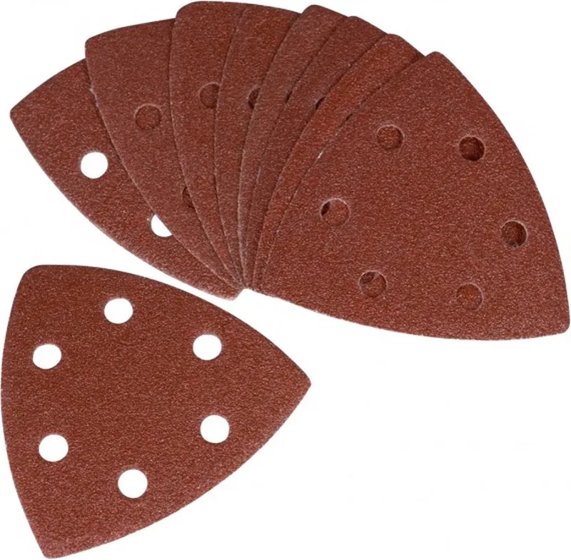 PSA1033 - Delta - Schuurvellen - P80 - 10 stuks - Met - Klittenbandrug - Stofgaten - Afmeting - 90x90mm - Universeel - Zeer geschikt voor - DSM1009 - Deltaschuurmachine - OTM1005 - OTM1006 - Multitool - Schuurpapier driehoek - Delta de Ferm – image du produit