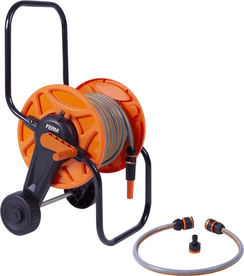 Slangenwagen starter set met 20m tuinslang - Incl. spuitstuk, slangkoppelingen, aansluitslang en kraanaansluiting de Ferm, Orange – image du produit