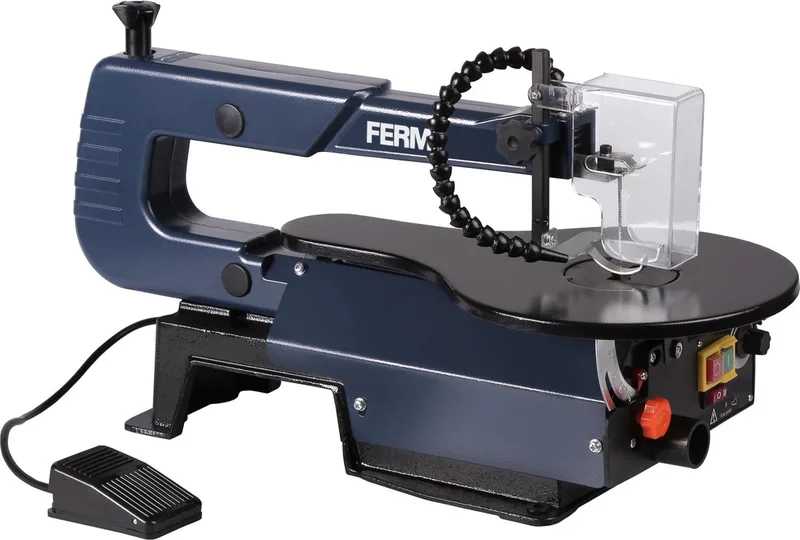 SSM1007 - Figuurzaagmachine - 120W - Variabele snelheidsinstelling - 400-1600/min - Voetpedaal - Verstelbare zaaghoek - 0-45° - Snelspanhendel - Flexibele stofblazer - Stofzuigeraansluiting - Zaagcapaciteit 50mm - Universeel - 6 zaagbladen by Ferm, Blue – product image