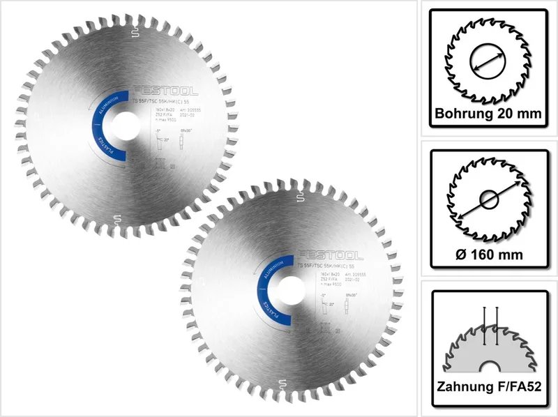 2x cirkelzaagblad aluminium/kunststof HW 160 x 1,8 x 20 mm F/FA52 ( 2x 205555 ) voor dompelzagen TS 55 F, TSC 55 K & handcirkelzagen HK 55, HKC 55 de Festool – image du produit