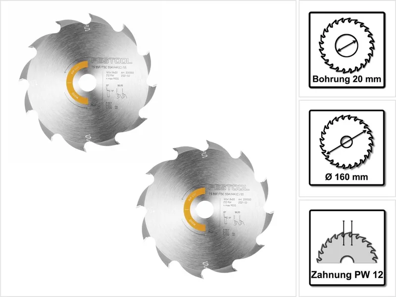 2x cirkelzaagblad Wood Rip Cut HW 160 x 1,8 x 20 mm PW12 ( 2x 205550 ) voor invalcirkelzagen TS 55 F, TSC 55 K & cirkelhandzagen HK 55, HKC 55 de Festool – image du produit