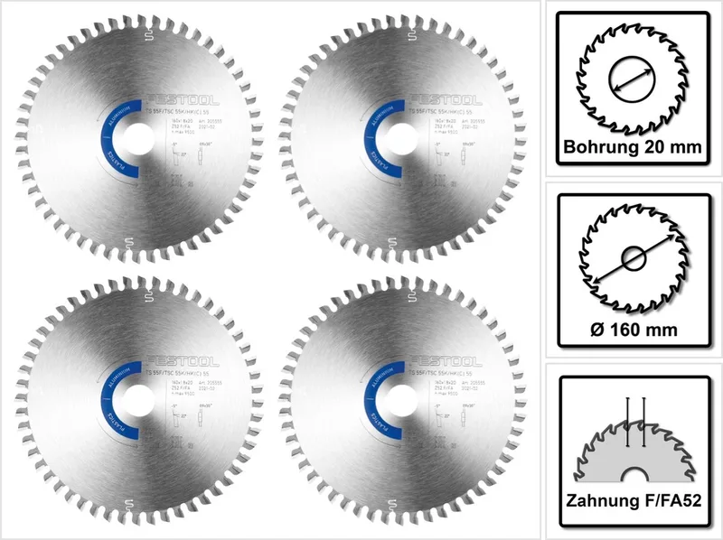 4x cirkelzaagblad aluminium / kunststof HW 160 x 1,8 x 20 mm F/FA52 ( 4x 205555 ) voor dompelzagen TS 55 F, TSC 55 K & handcirkelzagen HK 55, HKC 55 de Festool – image du produit