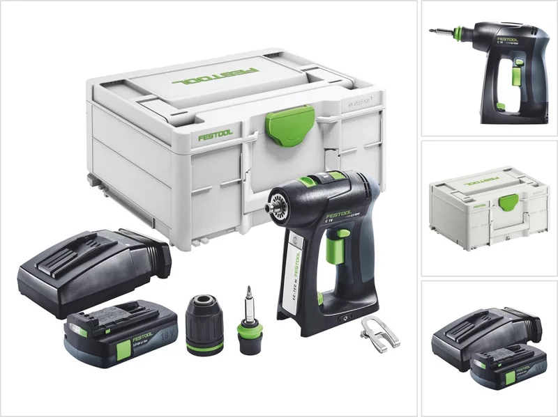 C 18-Basic accuschroefboormachine 18 V 45 Nm borstelloos + 1x accu 3.0 Ah + lader + systainer van Festool – productafbeelding
