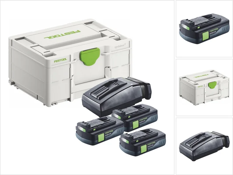 energieset 3x BP 18 Li 3,0 C accu 18 V 3,0 Ah / 3000 mAh Li-Ion ( 3x 577658 ) + TCL 6 oplader ( 201135 ) + Systainer von Festool – Produktbild