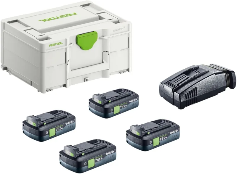 energieset SYS 18V 4xTBX4/SCA16 met 4x BP 18 TBX 4 C-ASI accu 18 V 4,0 Ah ( 4x 578745 ) + SCA 16 snellader ( 576953 ) + Systainer von Festool – Produktbild