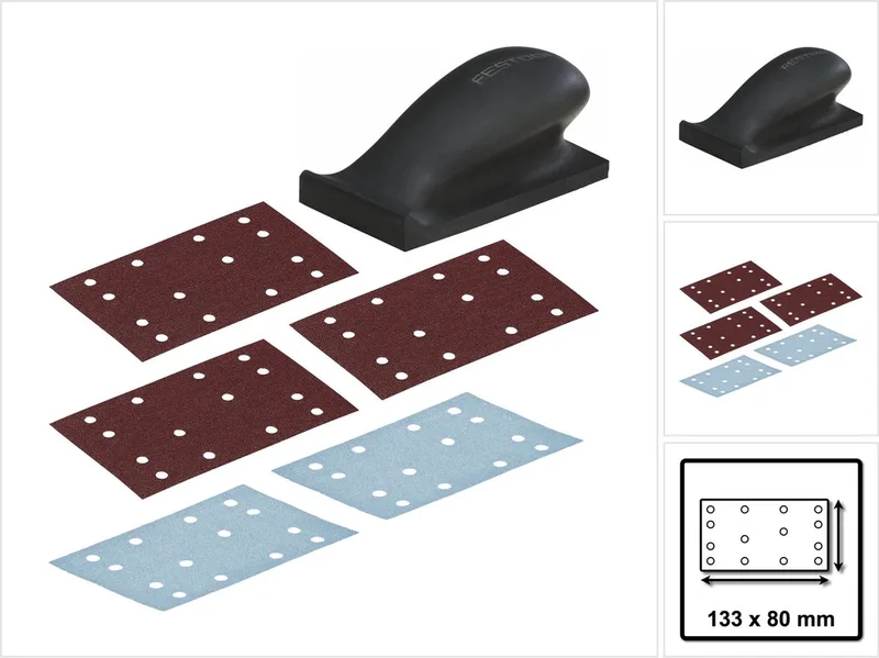 HSK 80x133 H schuurblok hard 80 x 133 mm ( 495967 ) + 350x schuurstroken P60 / P100 / P120 / P180 / P240 von Festool – Produktbild