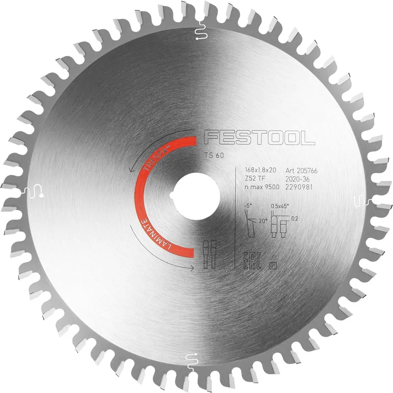 HW 168x1,8x20 TF 52 205766 Lame de scie circulaire 168 x 20 x 1.20 mm Nombre de dents: 52 1 pc(s) de Festool – image du produit