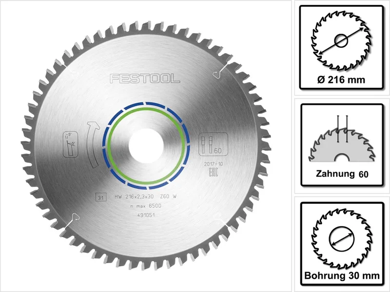 HW 216x2,3x30 W60 491051 Lame de scie circulaire 216 x 30 x 1.80 mm Nombre de dents: 60 1 pc(s) de Festool – image du produit