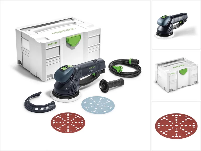 RO 150 FEQ-Plus ROTEX excentrische schuurmachine met tandwieloverbrenging, 720 W, 5 mm slag (571805) in Systainer + 50x schuurschijven P40 van Festool – productafbeelding