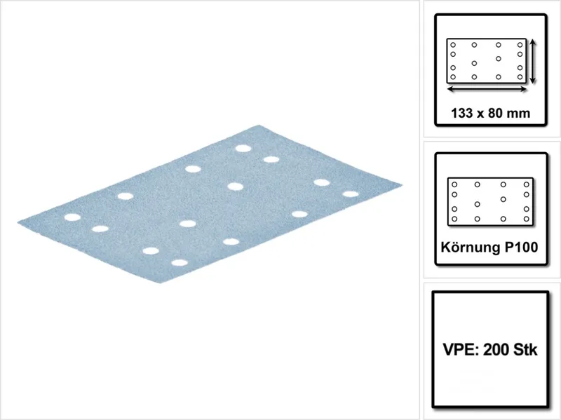 STF 80x133 schuurpapier Garnet P100 80 x 133 mm 200 st. ( 2x 499628 ) voor glijders RTS 400, RTSC 400, RS 400, RS 4, L 130 von Festool – Produktbild