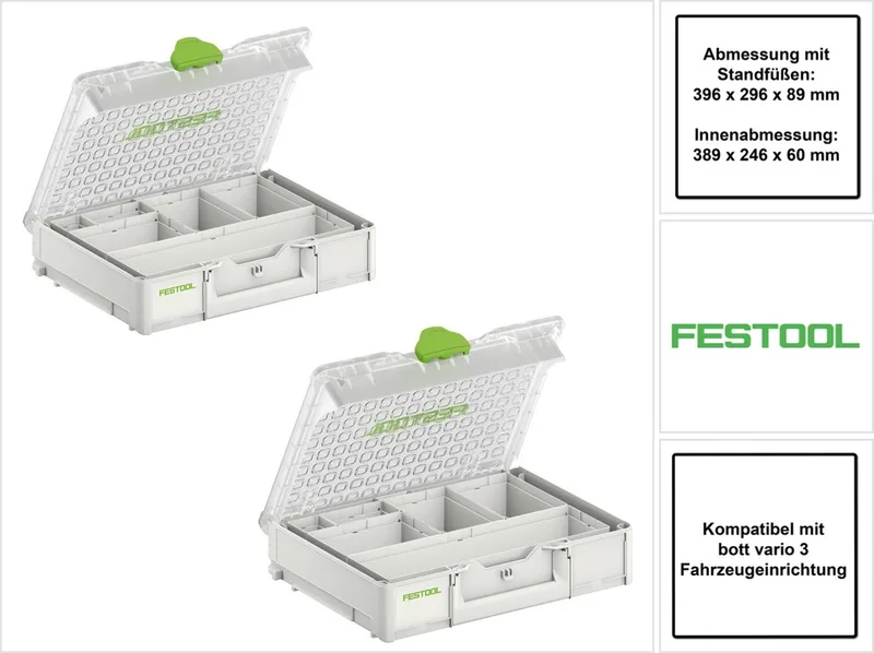 Systainer Organiser SYS3 ORG M 89 6xESB 2 stuks ( 2x 204854 ) Kleine onderdelenkoffer met inzetbakjes de Festool, Vert – image du produit