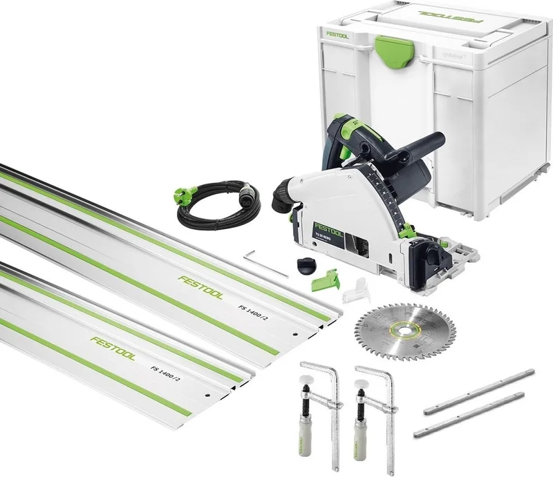 TS 55 REBQ CAMP-set (575961) Invalzaag 1200 W + geleidingsrails + schroefklemmen + verbindingsstukken van Festool – productafbeelding