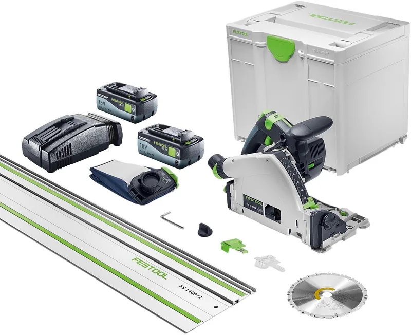 TSC 55 KSEB-Basic-FS accu-invalzaag 18 V 160 mm borstelloos + 2x accu 8,0 Ah + lader + geleiderail + Systainer van Festool – productafbeelding