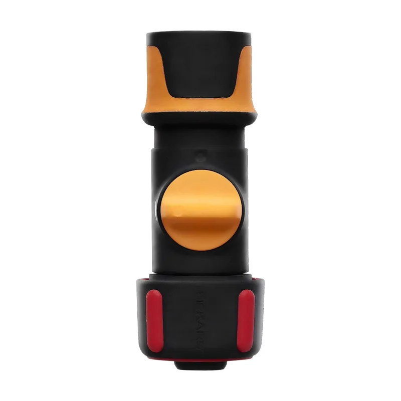 Couplage de tuyau d’arrosage, avec valve Marche/Arrêt, points de contact SoftGrip, taille universelle, Ø 1,9 cm, 80 g, noir/orange/rouge, 1027087 by Fiskars – product image