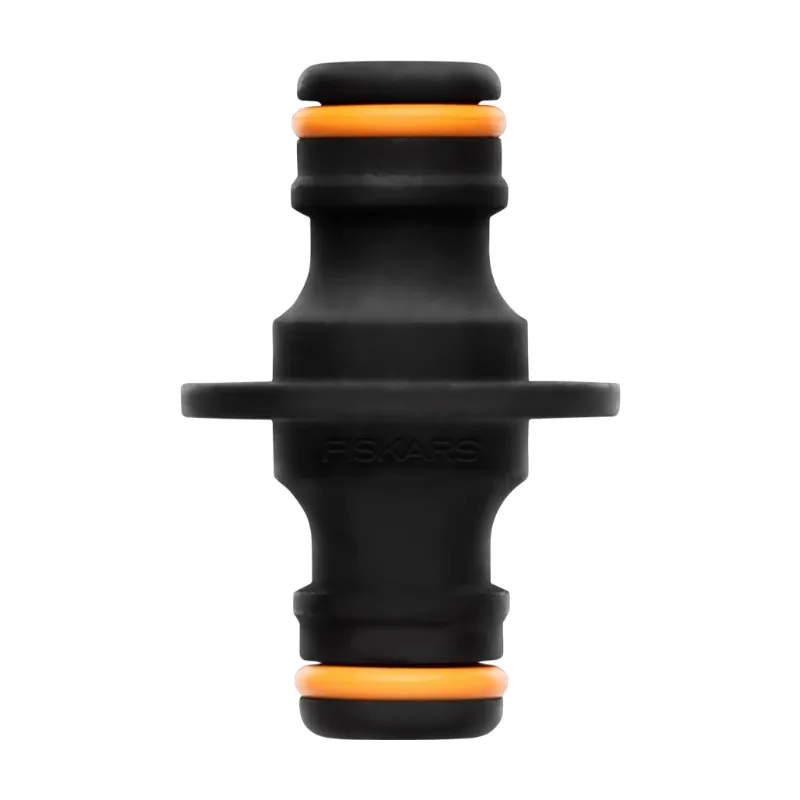 Raccord de tuyau d’arrosage 2 voies, pour tuyaux de diamètres différents, compatible avec tous types et tailles de raccords, taille universelle, 16 g, noir/orange, 1027068 von Fiskars – Produktbild