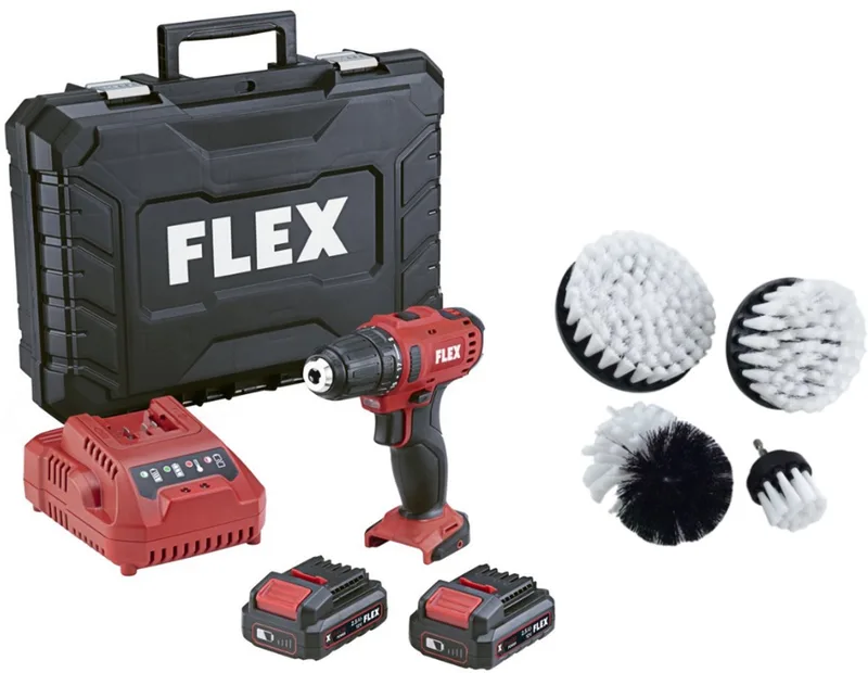 DD 2G 12-LDBC/2,5 – 12V Schroefboormachine met L-BOXX, Lader, 2 x 2,5Ah Accu’s + 4-delige Borstelset - Drill Brush Set van Flex – productafbeelding