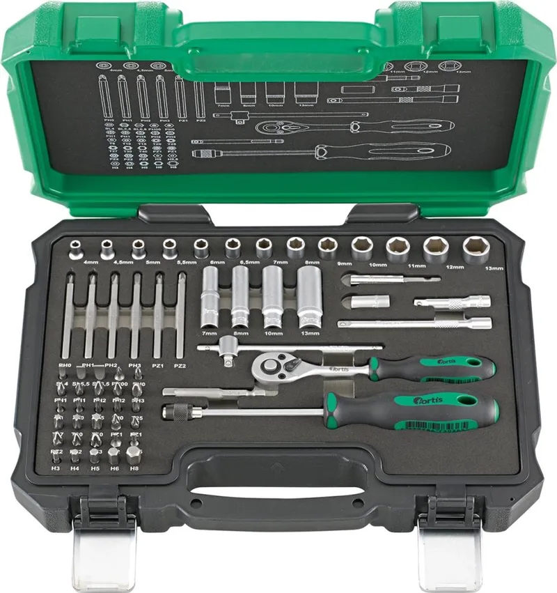 61-delige doppenset 1/4" met bitdoppen en ratel de Fortis – image du produit