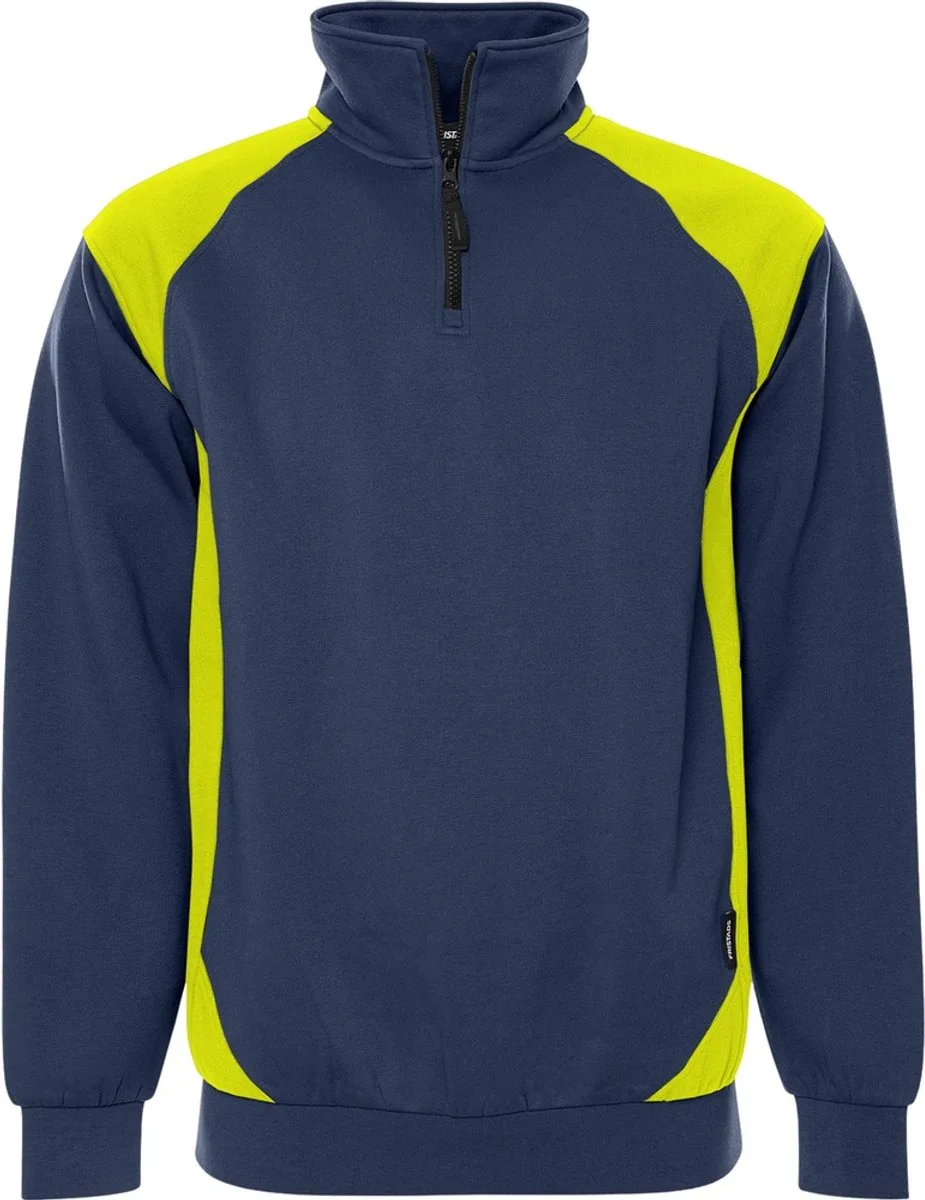 Sweater met korte rits 7048 GSM - Marineblauw/hi-vis geel van Fristads, Marineblauw, Hi-vis geel, XS – productafbeelding