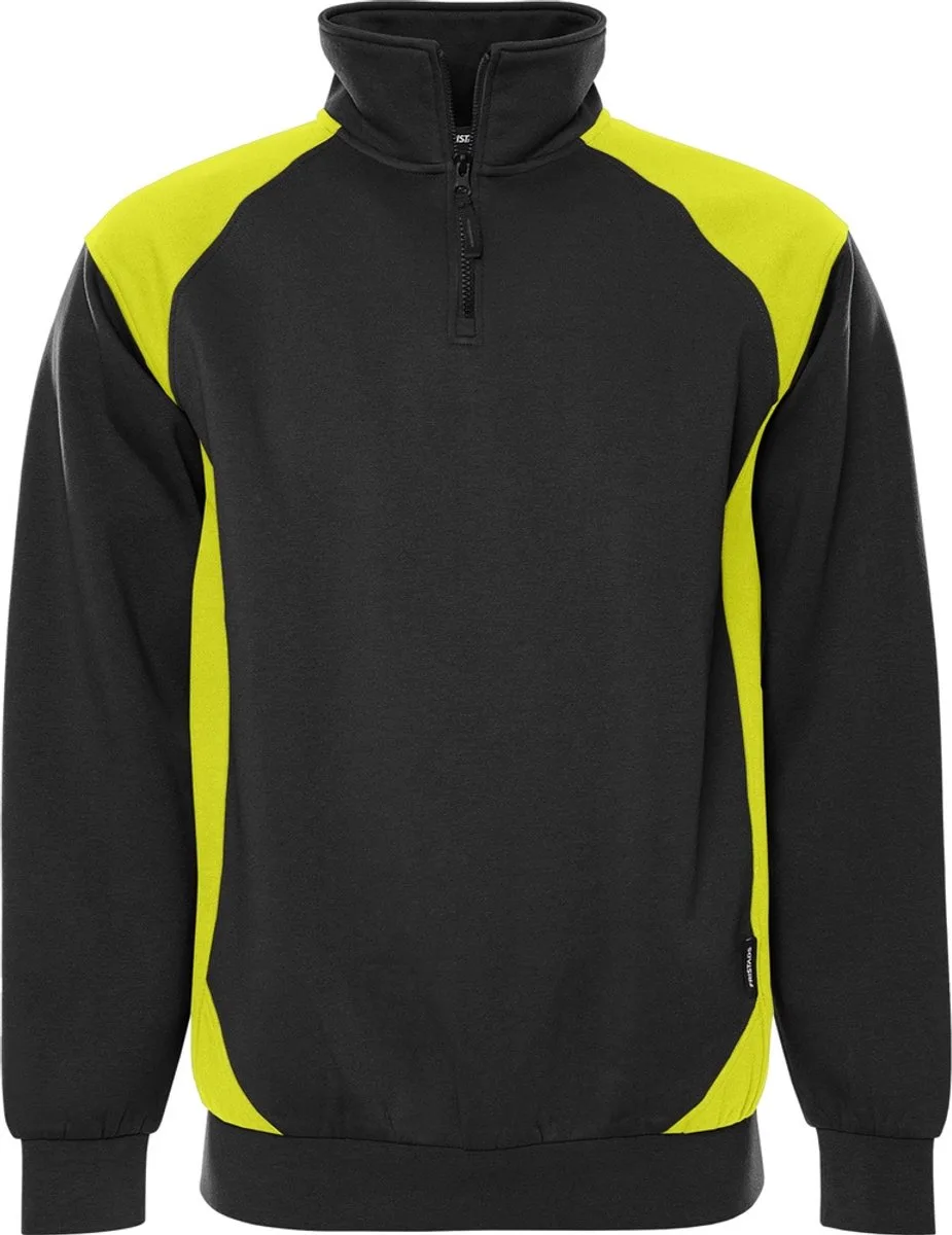 Sweater met korte rits 7048 GSM - Zwart/hi-vis geel van Fristads, Zwart, Hi-vis geel, 4XL – productafbeelding
