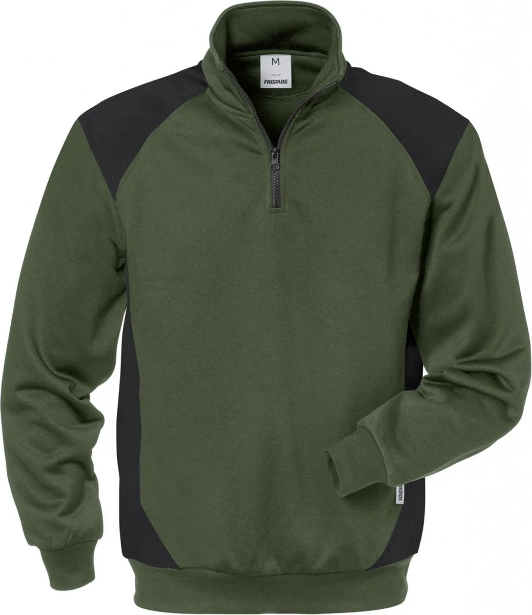 Sweater Met Korte Rits 7048 Shv - Legergroen/zwart fra Fristads, Legergroen, Sort, S – produktbillede