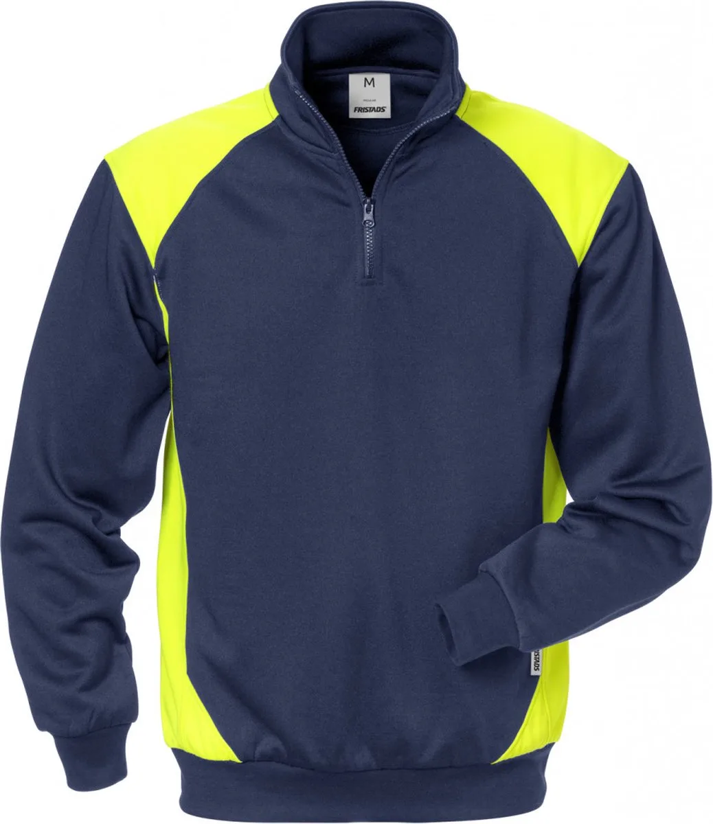 Sweater Met Korte Rits 7048 Shv - Marineblauw/hi-vis geel by Fristads, Marineblauw, Hi-vis geel, L – product image