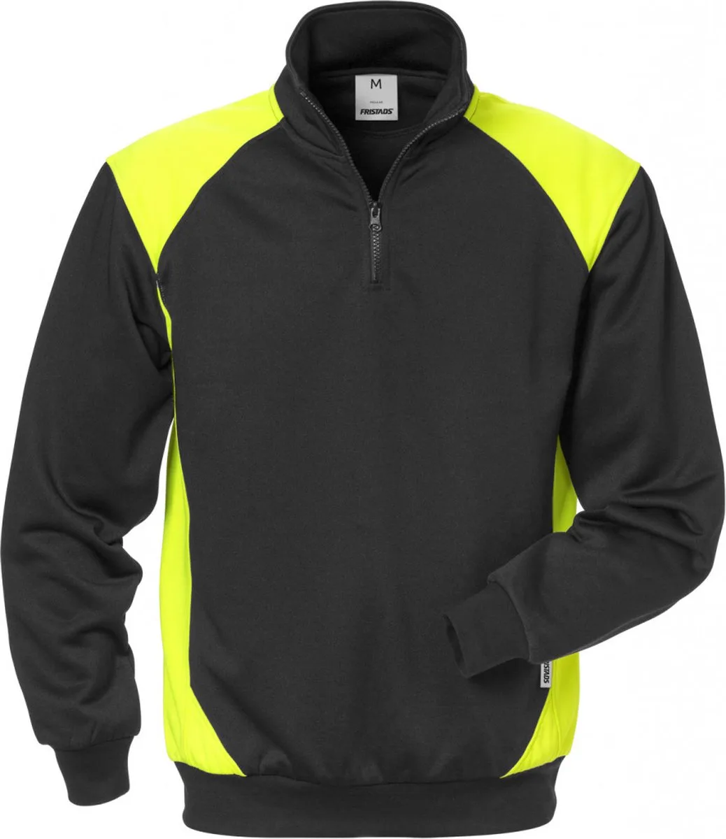 Sweater Met Korte Rits 7048 Shv - Zwart/hi-vis geel von Fristads, Schwarz, Hi-vis geel, L – Produktbild
