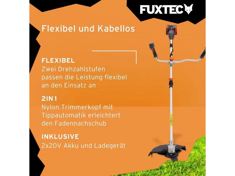 accu bosmaaier 40V E2MSCSET met 2 accu’s en 35 cm snijbreedte set | 2-in-1 grastrimmer en bosmaaier met oplader en draagriem by FUXTEC – product image 4 of 5