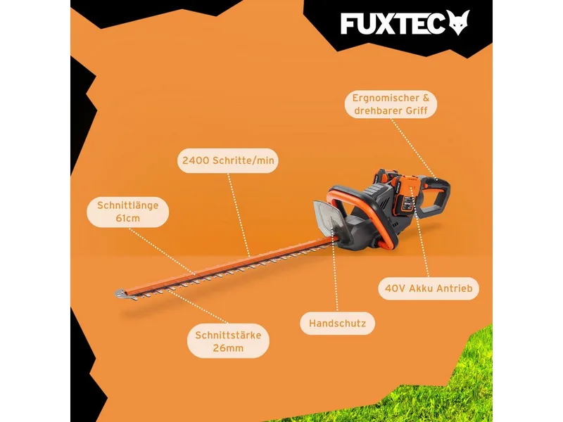 accu heggenschaar FX-E2HSSET 40V | 61 cm snijlengte | 26 mm snijdikte | 2x 20V Li-ion-accu | Draaibare handgreep | Elektrische rem | Heggenschaar voor struiken en heggen van FUXTEC – productafbeelding 2 van 5