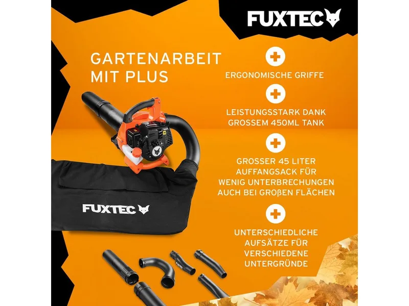 Benzine Bladblazer / Bladzuiger - 4in1 - Blaas-Zuig-Versnipper-Functie en Opvangzak, 26cc, 0,7kW, 2-takt motor, 71m/s Luchtsnelheid van FUXTEC – productafbeelding 4 van 5