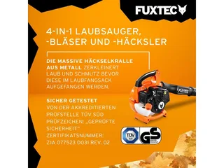 Benzine Bladblazer / Bladzuiger - 4in1 - Blaas-Zuig-Versnipper-Functie en Opvangzak, 26cc, 0,7kW, 2-takt motor, 71m/s Luchtsnelheid van FUXTEC – productafbeelding 5 van 5