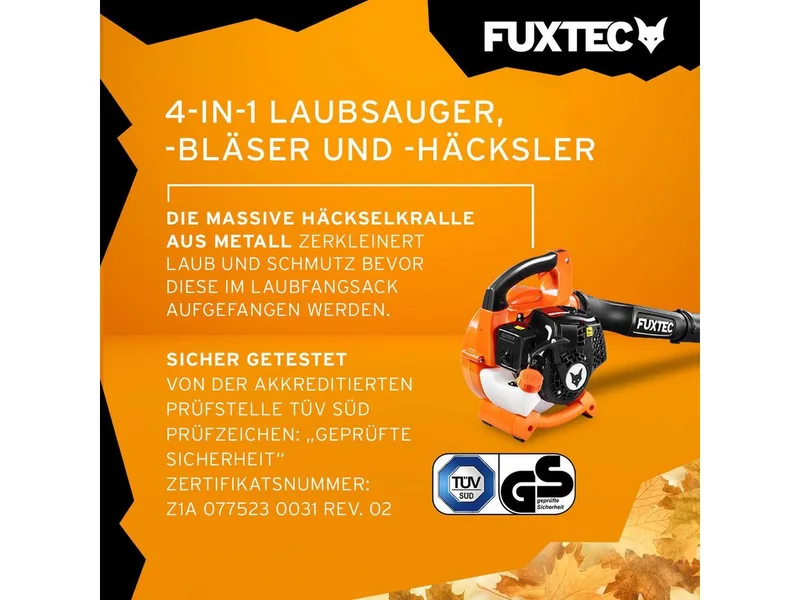 Benzine Bladblazer / Bladzuiger - 4in1 - Blaas-Zuig-Versnipper-Functie en Opvangzak, 26cc, 0,7kW, 2-takt motor, 71m/s Luchtsnelheid van FUXTEC – productafbeelding 5 van 5