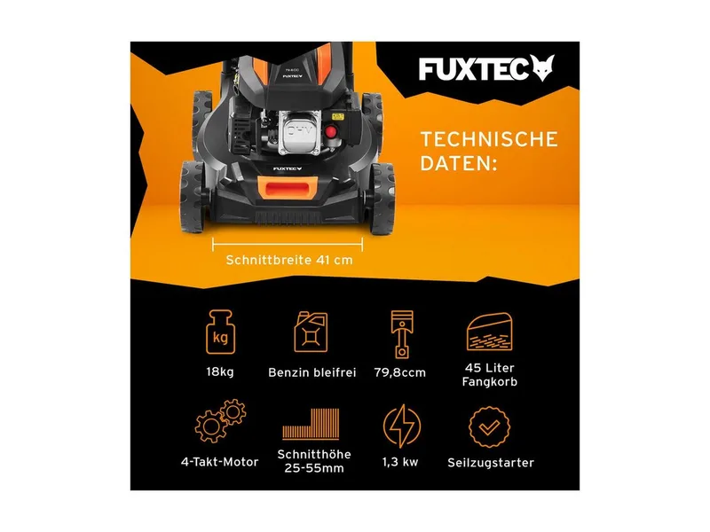 Benzine Grasmaaier FX-RM4180 - 1,8pk / 1,3kW - Slechts 18kg - 40cm Maaibreedte - 3-traps Maaihoogteverstelling - 80ccm 4-Takt - Incl. 45L Grasopvangbak de FUXTEC – image du produit 2 sur 5