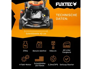 Benzine Grasmaaier FX-RM4346ECO 2in1 - 3,5pk / 2,6kW - 42cm Maaibreedte - 5-traps Maaihoogteverstelling - 146ccm 4-Takt - Incl. 40L Grasvanger & Reinigingsaansluiting van FUXTEC – productafbeelding 2 van 5