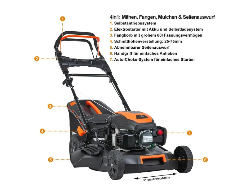 benzine grasmaaier RM5170ES met elektrische start – 51 cm maaibreedte, krachtige 4-takt OHV motor, centrale maaihoogteverstelling, opvangzak en mulchingfunctie voor middelgrote tuinen von FUXTEC – Produktbild 5 von 5