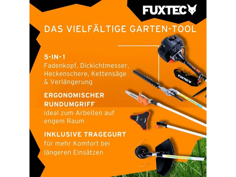 benzine multitool FX-MT252ER – 5-in-1 bosmaaier met 52cc 2-takt motor, 3 pk – incl. heggenschaar, snoeigereedschap, verlengstuk & draagriem de FUXTEC – image du produit 4 sur 5