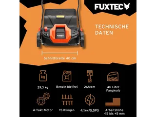 Benzine Verticuteermachine FX-BV240ECO – 4-Takt Motor 4,1 kW (212cc) – 400 mm Werkbreedte – 15 Messen – Centrale Diepte-instelling -15 tot +5 mm – 40L Opvangbak by FUXTEC – product image 2 of 5