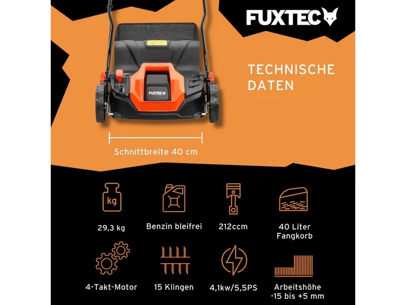 Benzine Verticuteermachine FX-BV240ECO – 4-Takt Motor 4,1 kW (212cc) – 400 mm Werkbreedte – 15 Messen – Centrale Diepte-instelling -15 tot +5 mm – 40L Opvangbak by FUXTEC – product image 2 of 5