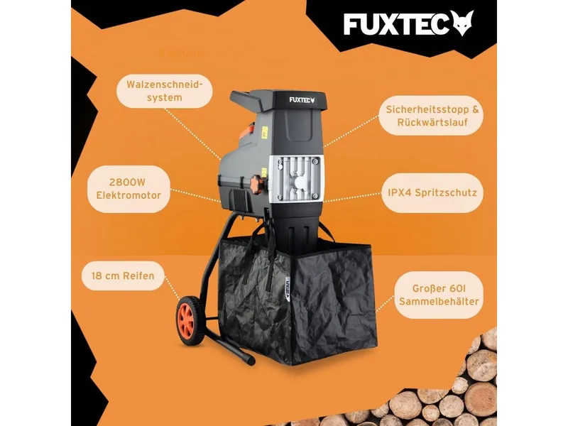 elektrische tuinhakselaar FX-EGH2800T | rolhakselaar 2800W | max. 44mm takken | 60L opvangbak | stille werking met omkeer- en overbelastingsbeveiliging by FUXTEC – product image 5 of 5
