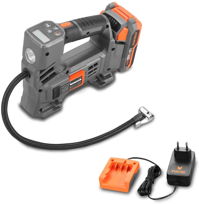 FUXTEC 20V Accu Compressor – 10,3 Bar (150 PSI) Luchtcompressor – Luchtpomp Incl. Presta Ventiel Adapter, Accu en Oplader – Voor Luchtbanden, Luchtmatrassen & Ballen von FUXTEC, Orange – Produktbild