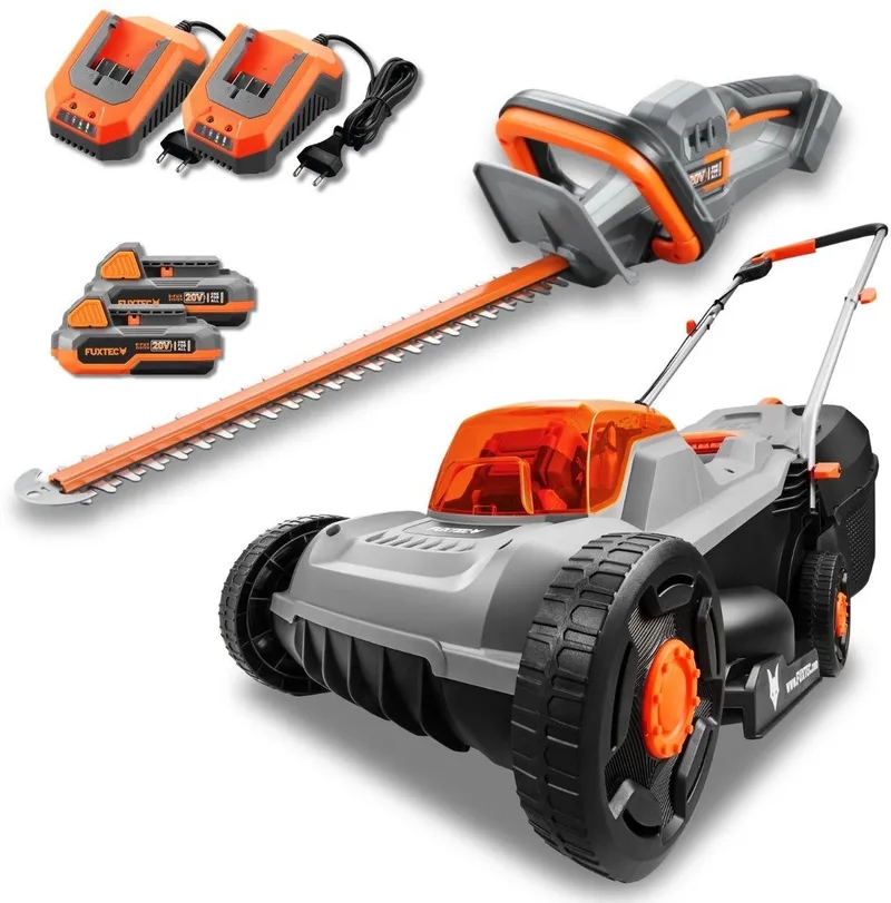 FUXTEC 20V Accu Tuinset FX-E1RM20ECO-SET & FX-E1HS20-SET • Grasmaaier 30 cm & Heggenschaar 52 cm • 2x 2Ah Accu met Oplader • Accu Platform • Draadloos • 30 Liter Grasopvangbak van FUXTEC – productafbeelding